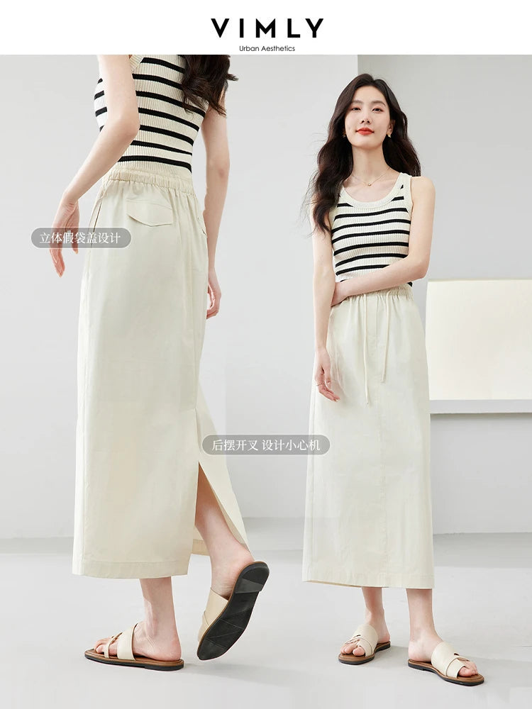 VIMLY Women Casual Office Lady Skirt 2024 Summer Elasticated Waist Solid Colour Versatile Straight Skirt M7037