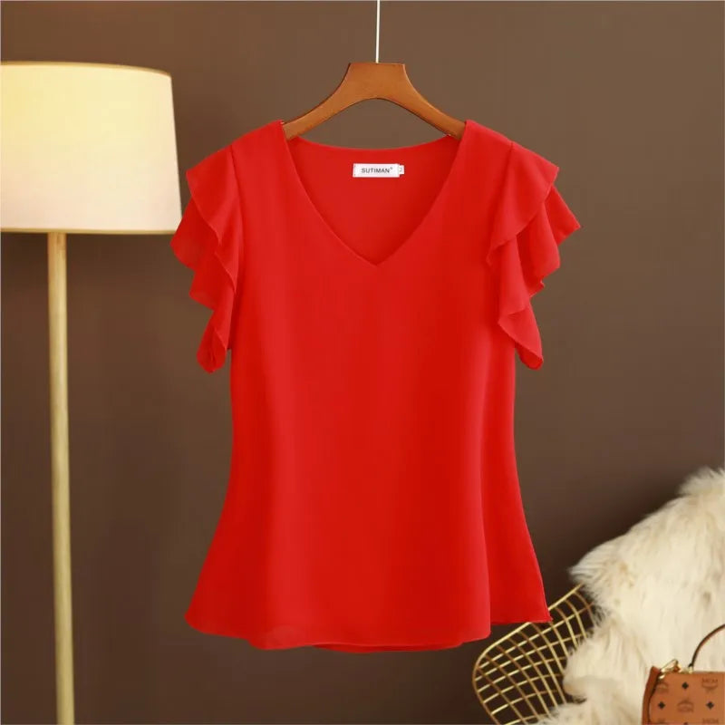 Chiffon Blouse Women Summer Casual Tops New 2020 Korean Style Butterfly Sleeve V-neck Woman Blouses Shirts Large size NS4554