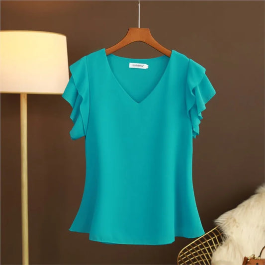 Chiffon Blouse Women Summer Casual Tops New 2020 Korean Style Butterfly Sleeve V-neck Woman Blouses Shirts Large size NS4554