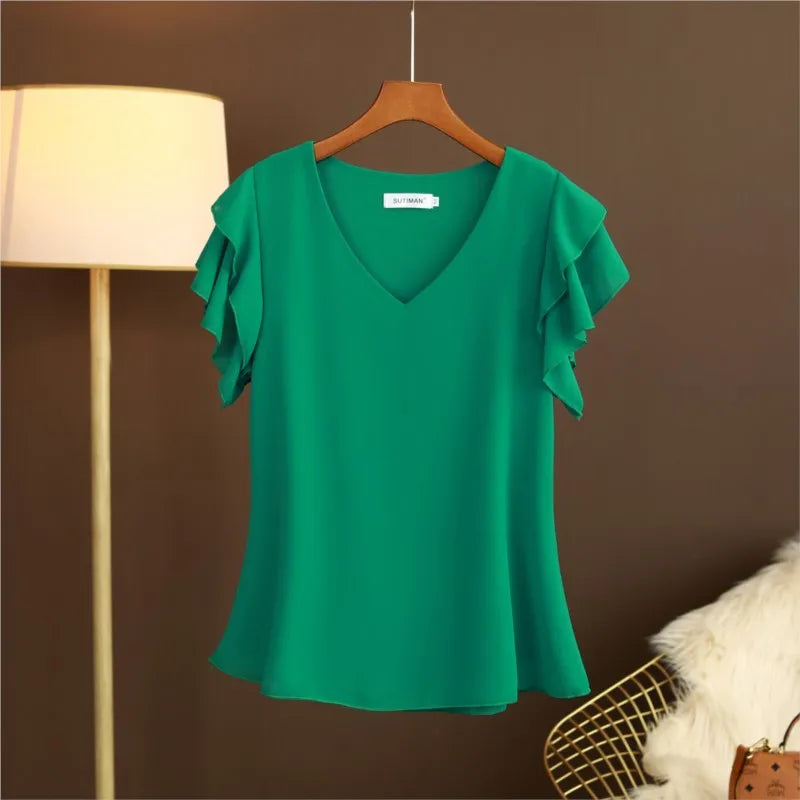 Chiffon Blouse Women Summer Casual Tops New 2020 Korean Style Butterfly Sleeve V-neck Woman Blouses Shirts Large size NS4554