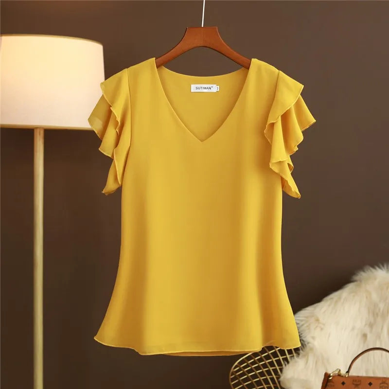 Chiffon Blouse Women Summer Casual Tops New 2020 Korean Style Butterfly Sleeve V-neck Woman Blouses Shirts Large size NS4554