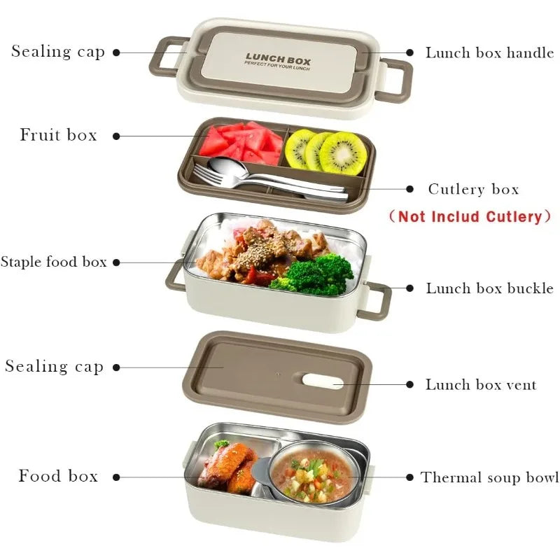 Portable Insulated Lunch Containers Set, 2-Tier Stackable Stainless Steel Bento Boxes with Thermal Lunch Bag Soup Bowl