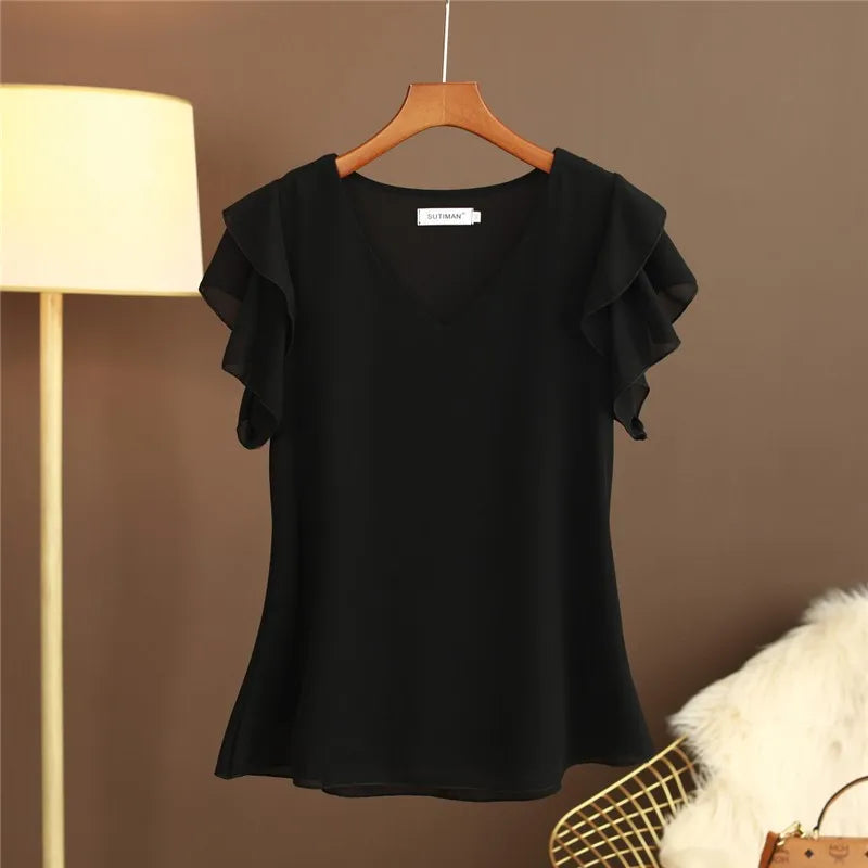 Chiffon Blouse Women Summer Casual Tops New 2020 Korean Style Butterfly Sleeve V-neck Woman Blouses Shirts Large size NS4554