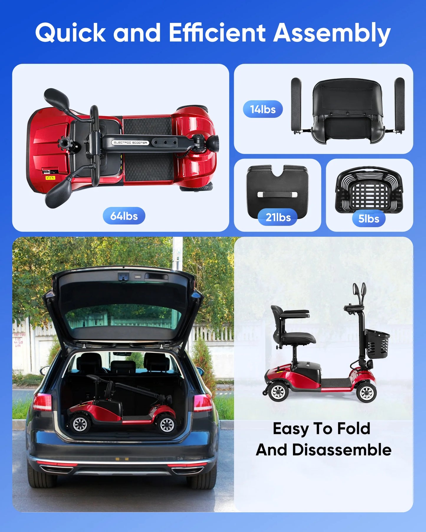 Foldable Electric Car 4 Wheels Mobility Scooter Power Wheelchair with Light Basket Collapsible Compact Travel Car Christmas Gift