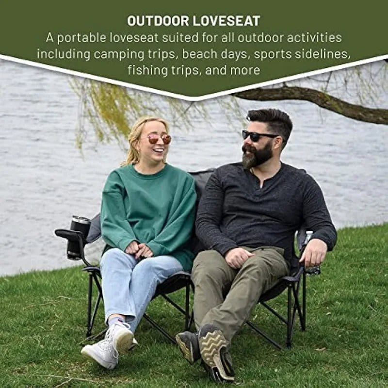 2 Person Folding Loveseat Comfortable Double Foldable Camping Chair Folding Lawn chairs for Outside, Grey