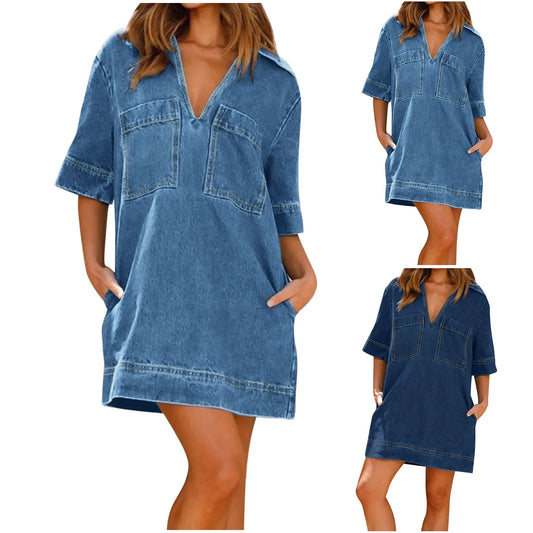 Women Denim Dress Baggy Distressed American Retro V Neck Short Dress Lapel Short Sleeve Casual Streetwear Hip Hop Mini Dress