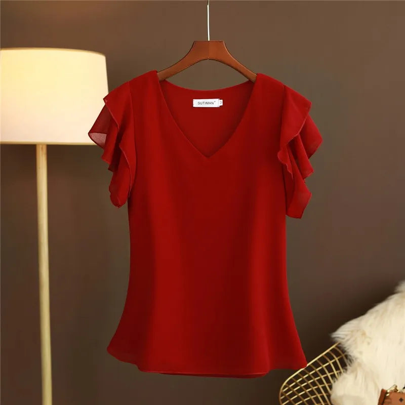 Chiffon Blouse Women Summer Casual Tops New 2020 Korean Style Butterfly Sleeve V-neck Woman Blouses Shirts Large size NS4554